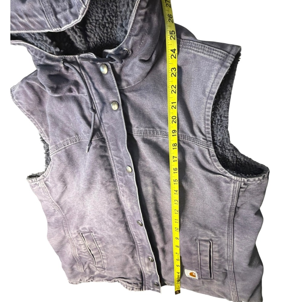 Vtg Carhartt Women's Sandstone Duck Sherpa Lined Hooded Vest Faded Gray Lilac - Picture 8 of 10